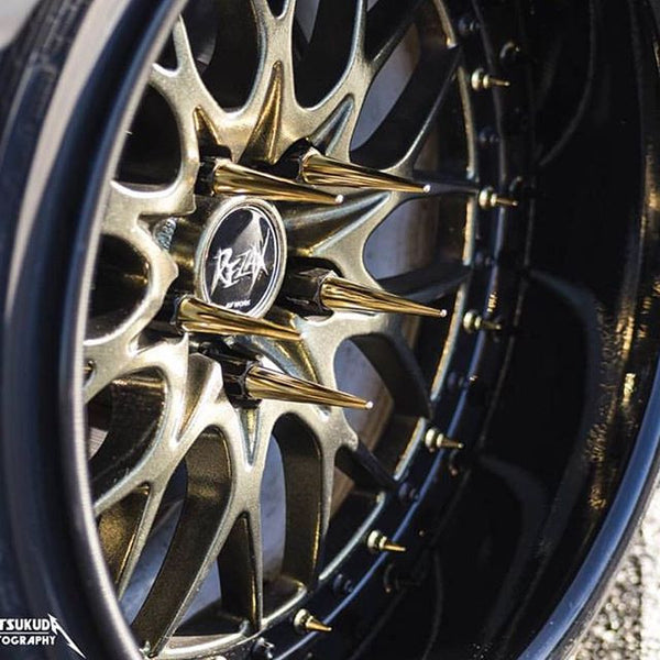 1/2-20 112MM LONG CNC MACHINED FORGED STEEL STANDARD SPIKE LUG NUTS WITH ANODIZED ALUMINUM CAP 46-17 JEEP CJ, TJ, WRANGLER 79-14 FORD MUSTANG // CAP: 16MM DIAMETER 73MM HEIGHT PART # LGC002