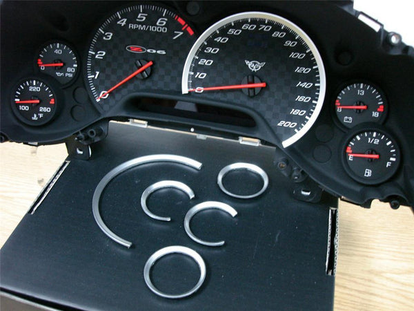 97-04 CHEVROLET CORVETTE C5 GAUGE SURROUND BEZELS 6 PIECE KIT IN SILVER // PART # SRC5MS