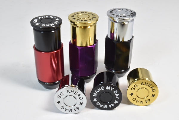 12X1.5 MM 62 MM LONG FORGED STEEL "GO AHEAD MAKE MY DAY" LUG NUTS WITH ANODIZED ALUMINUM CAP // CAP: 20MM DIAMETER 22MM HEIGHT PART # LGC013 & LGC014