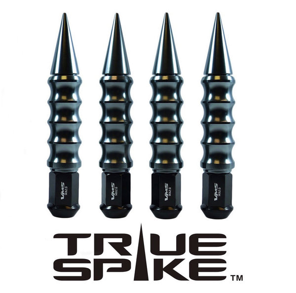 12x1.5 MM 177 MM 7 INCH LONG BIG FAT RIBBED SPIKE FORGED STEEL LUG NUTS ANODIZED ALUMINUM CAP // 25MM CAP DIAMETER 136MM LENGTH PART # LGC030