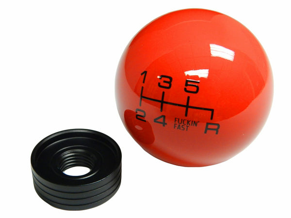 FUCKIN FAST SHIFT KNOB 5 & 6 SPEED 2" DIAMETER AVAILABLE IN BLACK RED OR WHITE 10x1.5 10x1.25 12x1.25 12x1.75 & 16x1.5 THREADS HONDA CIVIC ACURA INTEGRA MUSTANG CAMARO