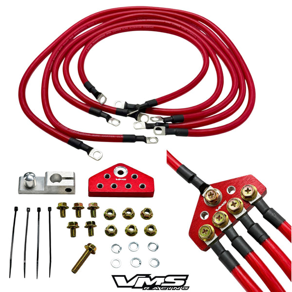 UNIVERSAL 100% COPPER BILLET ALUMINUM 5-POINT 10MM GROUND WIRE SYSTEM CIRCLE EARTH GROUNDING KIT FOR RACING OR STREET CARS BLACK OR RED