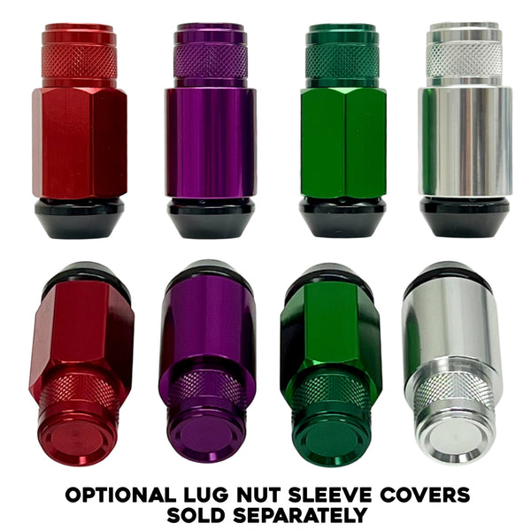 1/2-20 57MM LONG 20MM WIDE GEN 2 TUNER STYLE STEEL LUG NUTS ANODIZED ALUMINUM CAP 46-17 JEEP CJ, TJ, WRANGLER 79-14 FORD MUSTANG // 20MM CAP DIAMETER 17MM CAP LENGTH PART # LGC057