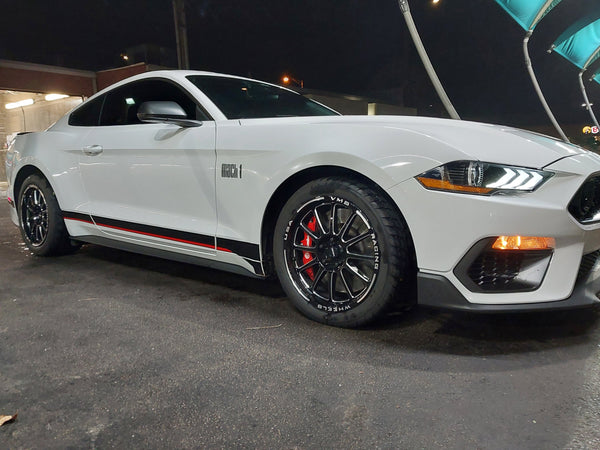 DRAG PACK STREET DRAG RACE BLACK HAWK WHEELS 17x10 54 OFFSET & 18X5 5X114.3 -12 OFFSET FOR 05-14 S197 (NO BREMBO BRAKES) 15-22 S550 FORD MUSTANG INCLUDING GT WITH PERFORMANCE PACKAGE BREMBO BRAKES // PART # VWBH013 & VWBH014