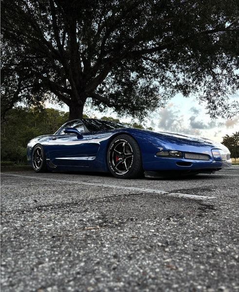 STREET DRAG RACE V-STAR 4 WHEEL PACKAGE FOR 1997-2004 C5 CHEVROLET CORVETTE 18x10.5 52 OFFSET (7.75" BACKSPACING) AND 18x9.5 40 OFFSET (6.75 BACKSPACING) 5x120 (5x4.75)  // PART # VWST052 & VWST044