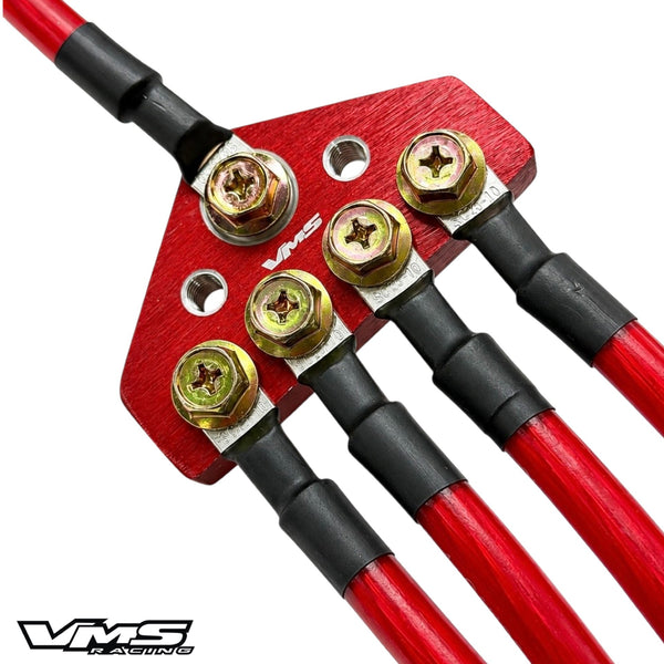 UNIVERSAL 100% COPPER BILLET ALUMINUM 5-POINT 10MM GROUND WIRE SYSTEM CIRCLE EARTH GROUNDING KIT FOR RACING OR STREET CARS BLACK OR RED