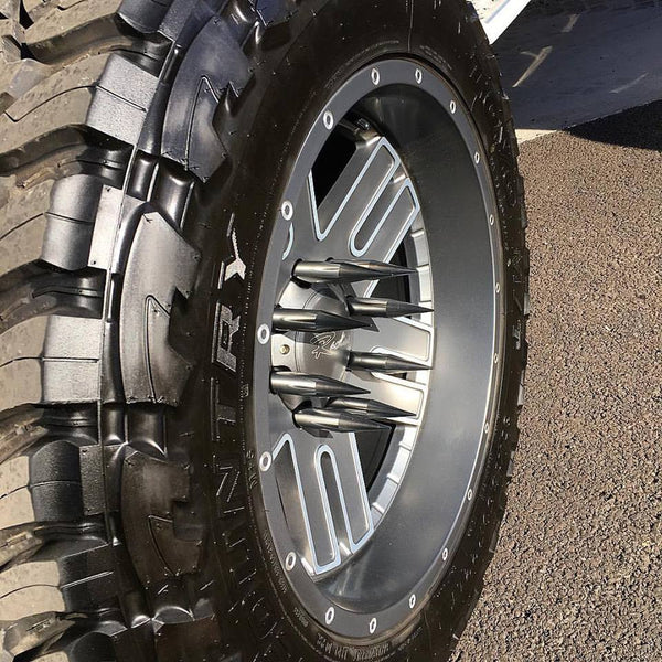 9/16-18 187 MM 7.5 LONG CNC MACHINED FORGED STEEL LUG NUTS BIG FAT SPIKE ALUMINUM CAP TRUCK LENGTH 65-87 CHEVROLET (8 LUG) C20 C30 K20 K30 GMC 02-11 DODGE RAM 80-98 FORD F250 F350 // CAP:  25MM DIAMETER 136MM LENGTH PART # LGC015