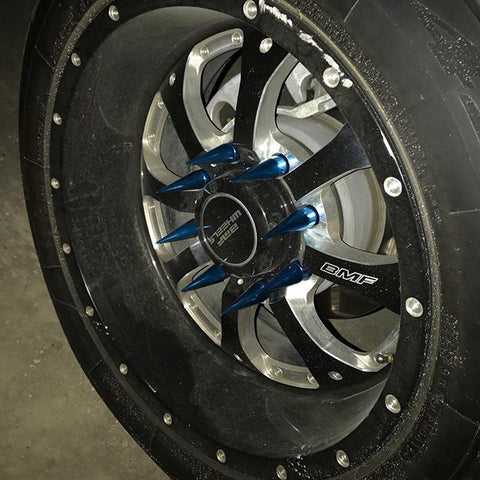 9/16-18 124MM LONG CNC MACHINED FORGED STEEL EXTENDED SPIKE (25MM DIAMETER) LUG NUTS ANODIZED ALUMINUM CAPS TRUCK LENGTH 65-87 CHEVROLET (8 LUG) C20 C30 K20 K30  GMC 02-11 DODGE RAM 80-98 FORD F250 F350 // 25MM CAP DIAMETER 73MM CAP LENGTH PART # LGC024