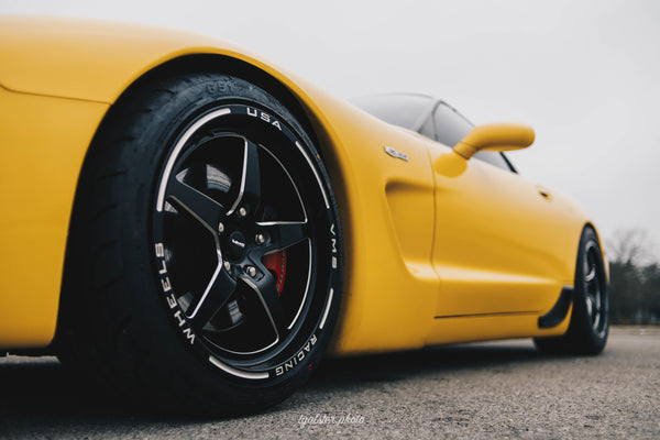 STREET DRAG RACE V-STAR 4 WHEEL PACKAGE FOR 1997-2004 C5 CHEVROLET CORVETTE 18x10.5 52 OFFSET (7.75" BACKSPACING) AND 18x9.5 40 OFFSET (6.75 BACKSPACING) 5x120 (5x4.75)  // PART # VWST052 & VWST044