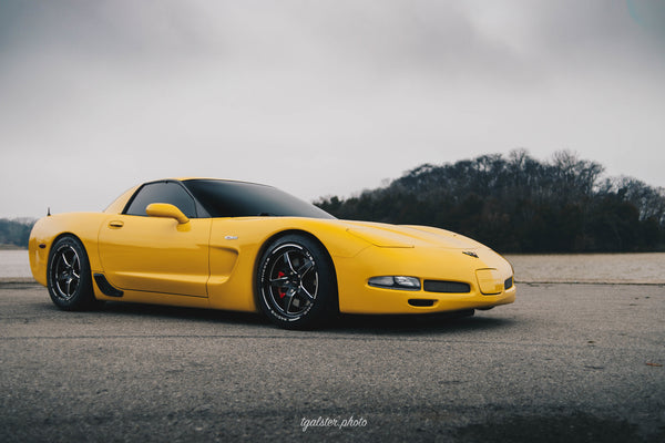 STREET DRAG RACE V-STAR 4 WHEEL PACKAGE FOR 1997-2004 C5 CHEVROLET CORVETTE 18x10.5 52 OFFSET (7.75" BACKSPACING) AND 18x9.5 40 OFFSET (6.75 BACKSPACING) 5x120 (5x4.75)  // PART # VWST052 & VWST044