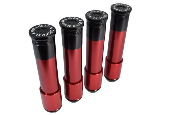 1/2-20 117MM LONG SHOTGUN SHELL FORGED STEEL "GO AHEAD MAKE MY DAY" LUG NUTS WITH ANODIZED ALUMINUM CAP 46-17 JEEP CJ, TJ, WRANGLER 79-14 FORD MUSTANG // CAP: 20MM DIAMETER 76MM HEIGHT PART # LGC039/40/41/42
