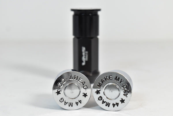 "GO AHEAD MAKE MY DAY" 44 MAG LUG NUT CAPS CNC MACHINED BILLET ALUMINUM, MANY FINISHES TO CHOOSE FROM // CAP: 20MM DIAMETER 21MM HEIGHT PART # LGC013 & LGC014