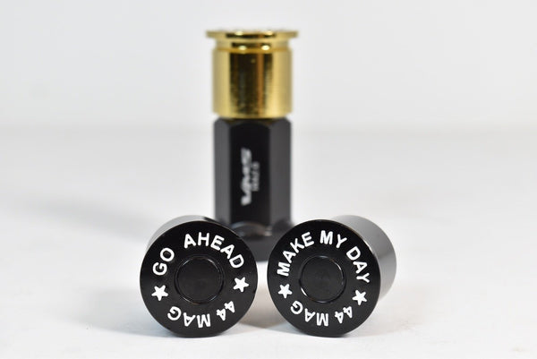"GO AHEAD MAKE MY DAY" 44 MAG LUG NUT CAPS CNC MACHINED BILLET ALUMINUM, MANY FINISHES TO CHOOSE FROM // CAP: 20MM DIAMETER 21MM HEIGHT PART # LGC013 & LGC014