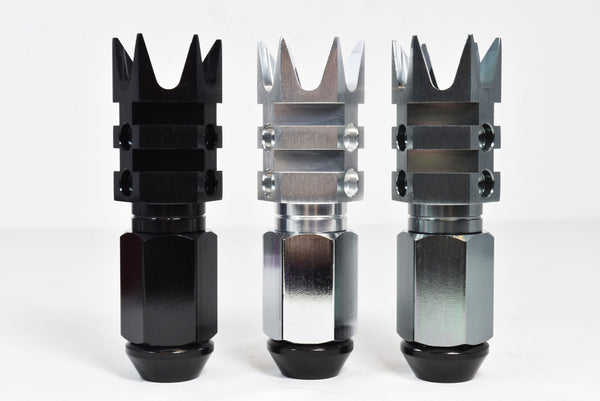 9/16-18 101MM LONG SPIKE MUZZLE BRAKE FORGED STEEL LUG NUTS WITH ANODIZED ALUMINUM CAP 65-87 CHEVROLET (8 LUG) C20 C30 K20 K30  GMC 02-11 DODGE RAM 80-98 FORD F250 F350 // CAP: 20MM DIAMETER 51MM HEIGHT PART # LGC053