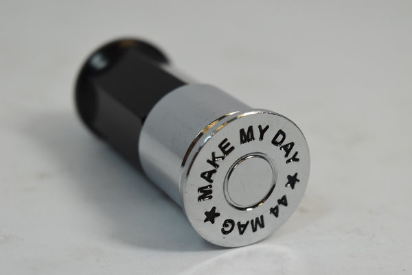 9/16-18 73 MM LONG FORGED STEEL "GO AHEAD MAKE MY DAY" LUG NUTS WITH ANODIZED ALUMINUM CAP 65-87 CHEVROLET (8 LUG) C20 C30 K20 K30 GMC 02-11 DODGE RAM 80-98 FORD F250 F350 // CAP: 20MM DIAMETER 22MM HEIGHT PART # LGC013 & LGC014