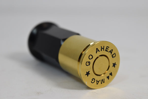 9/16-18 73 MM LONG FORGED STEEL "GO AHEAD MAKE MY DAY" LUG NUTS WITH ANODIZED ALUMINUM CAP 65-87 CHEVROLET (8 LUG) C20 C30 K20 K30 GMC 02-11 DODGE RAM 80-98 FORD F250 F350 // CAP: 20MM DIAMETER 22MM HEIGHT PART # LGC013 & LGC014