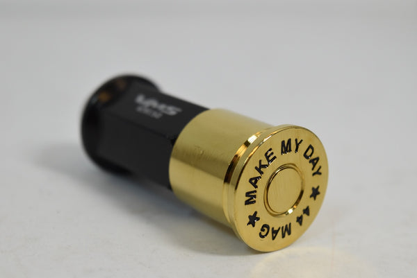 12X1.5 MM 62 MM LONG FORGED STEEL "GO AHEAD MAKE MY DAY" LUG NUTS WITH ANODIZED ALUMINUM CAP // CAP: 20MM DIAMETER 22MM HEIGHT PART # LGC013 & LGC014