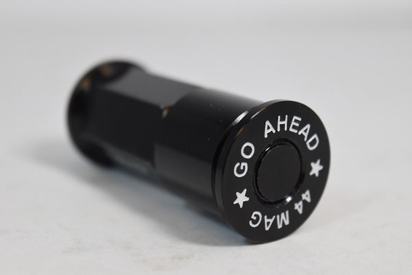 9/16-18 73 MM LONG FORGED STEEL "GO AHEAD MAKE MY DAY" LUG NUTS WITH ANODIZED ALUMINUM CAP 65-87 CHEVROLET (8 LUG) C20 C30 K20 K30 GMC 02-11 DODGE RAM 80-98 FORD F250 F350 // CAP: 20MM DIAMETER 22MM HEIGHT PART # LGC013 & LGC014