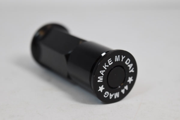 12X1.5 MM 62 MM LONG FORGED STEEL "GO AHEAD MAKE MY DAY" LUG NUTS WITH ANODIZED ALUMINUM CAP // CAP: 20MM DIAMETER 22MM HEIGHT PART # LGC013 & LGC014