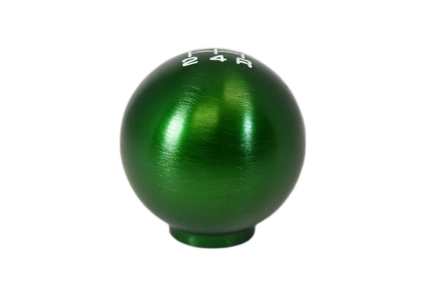 BILLET ALUMINUM ROUND BALL STYLE SHIFT KNOB 5 SPEED 2" DIAMETER COLORS: BLACK BLUE GREEN GUN METAL ORANGE PURPLE RED 10x1.5 10x1.25 & 12x1.25 MM