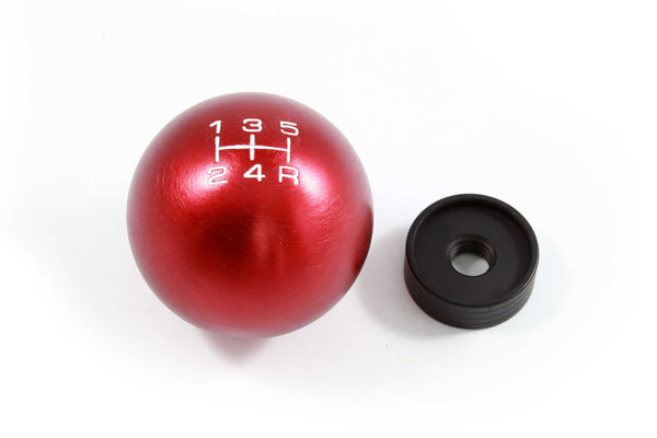 BILLET ALUMINUM ROUND BALL STYLE SHIFT KNOB 5 SPEED 2" DIAMETER COLORS: BLACK BLUE GREEN GUN METAL ORANGE PURPLE RED 10x1.5 10x1.25 & 12x1.25 MM