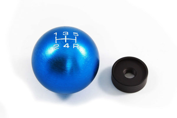 BILLET ALUMINUM ROUND BALL STYLE SHIFT KNOB 5 SPEED 2" DIAMETER COLORS: BLACK BLUE GREEN GUN METAL ORANGE PURPLE RED 10x1.5 10x1.25 & 12x1.25 MM