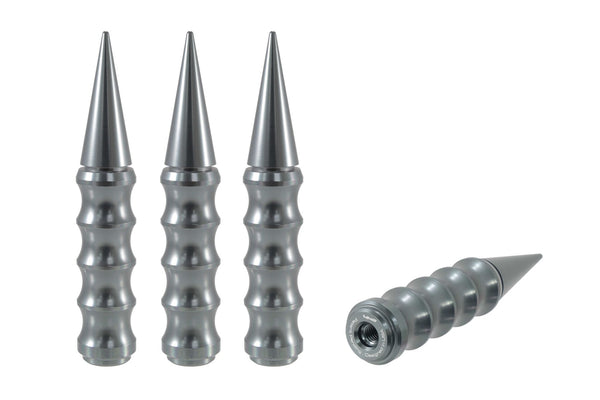 RIBBED SPIKE "BIG FAT SPIKE" 5.5 INCHES LONG LUG NUT CAPS CNC MACHINED BILLET ALUMINUM, MANY FINISHES TO CHOOSE FROM // DIAMETER: 25MM LENGTH: 136MM PART # LGC030