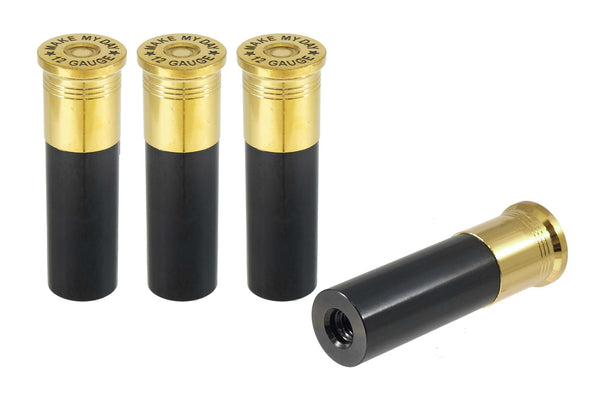 SHOTGUN SHELL "GO AHEAD MAKE MY DAY" LUG NUT CAPS CNC MACHINED BILLET ALUMINUM GOLD TOP, MANY FINISHES TO CHOOSE FROM // CAP: 20MM DIAMETER 76MM HEIGHT PART # LGC037 & LGC038
