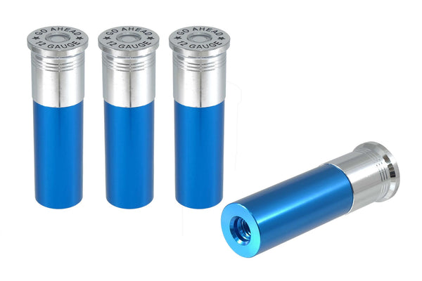SHOTGUN SHELL "GO AHEAD MAKE MY DAY" LUG NUT CAPS CNC MACHINED BILLET ALUMINUM CHROME TOP, MANY FINISHES TO CHOOSE FROM // CAP: 20MM DIAMETER 76MM HEIGHT PART # LGC039 & LGC040