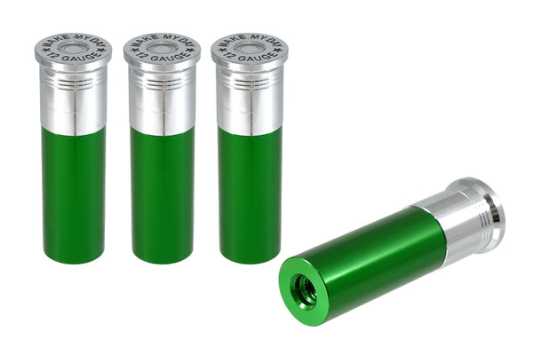 SHOTGUN SHELL "GO AHEAD MAKE MY DAY" LUG NUT CAPS CNC MACHINED BILLET ALUMINUM CHROME TOP, MANY FINISHES TO CHOOSE FROM // CAP: 20MM DIAMETER 76MM HEIGHT PART # LGC039 & LGC040