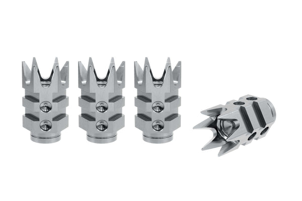 SPIKE MUZZLE BRAKE (DOOR BREACHER STYLE) LUG NUT CAPS CNC MACHINED BILLET ALUMINUM, MANY FINISHES TO CHOOSE FROM // CAP: 20MM DIAMETER 51MM HEIGHT PART # LGC053