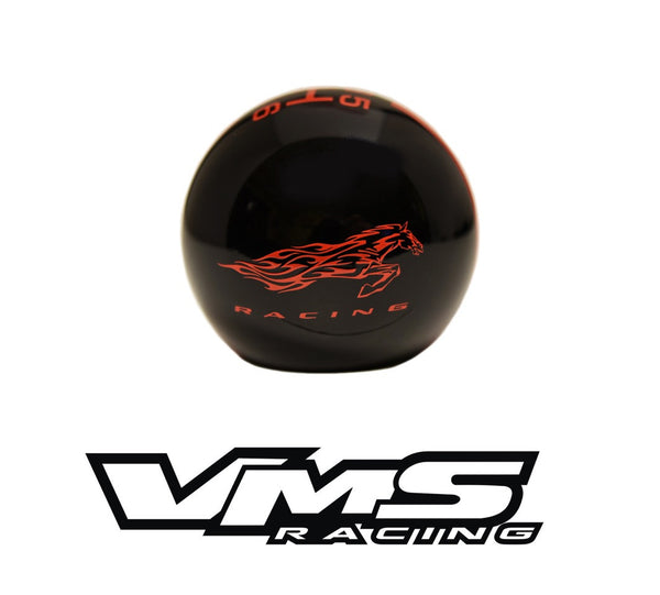 VMS RACING RALLY STRIPE WITH FLAMING MUSTANG LOGO SHIFT KNOB 6 SPEED FOR 2015-2017 FORD MUSTANG FOCUS ST FIESTA ST with the recess for the reverse lockout