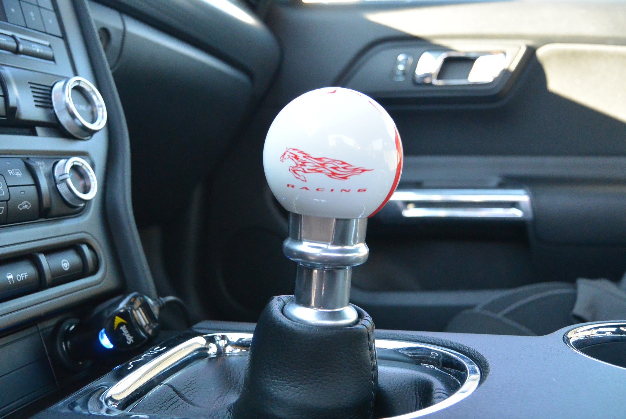 VMS RACING RALLY STRIPE WITH FLAMING MUSTANG LOGO SHIFT KNOB 6 SPEED F ...