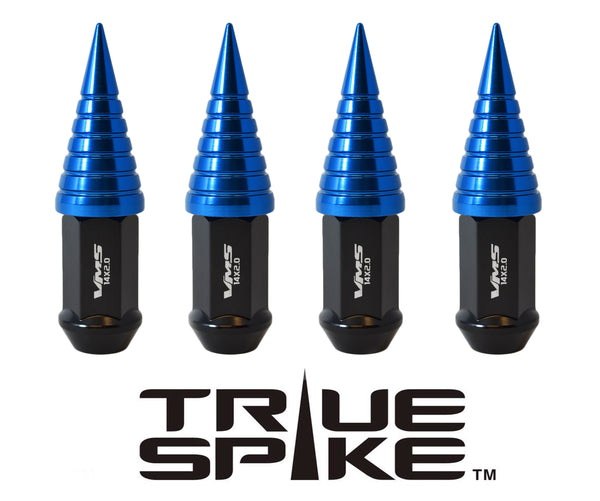 14X1.5 MM 89MM LONG CAR ONLY!!! NO TRUCKS!!! CNC MACHINED FORGED STEEL EXTENDED SPIRAL SPIKE (25MM DIAMETER) LUG NUTS ANODIZED ALUMINUM CAPS // 25MM CAP DIAMETER 51MM CAP LENGTH PART # LGC022