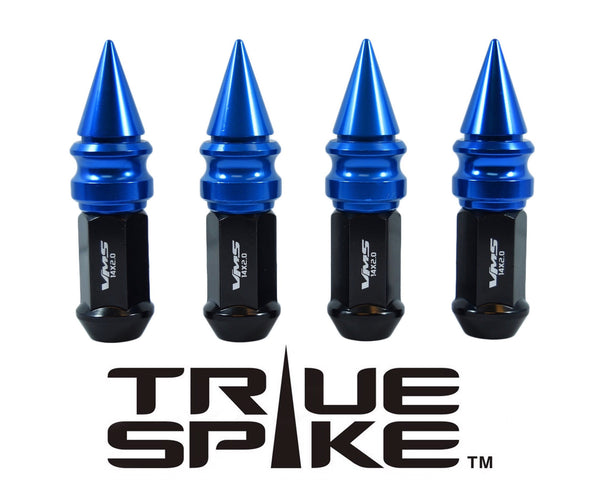 14X1.5 MM 89MM LONG CARS ONLY!! NO TRUCKS!! EXTENDED RIBBED SPIKE (25MM DIAMETER) STEEL LUG NUTS ANODIZED ALUMINUM CAPS // 25MM CAP DIAMETER 51MM CAP LENGTH PART NUMBER LGC028
