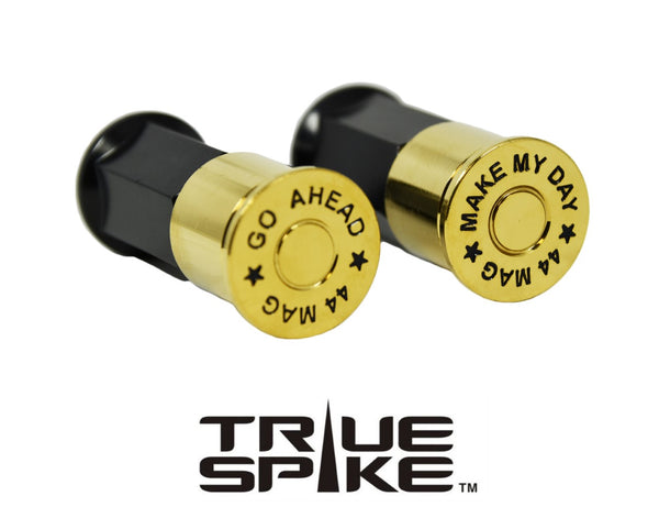 9/16-18 73 MM LONG FORGED STEEL "GO AHEAD MAKE MY DAY" LUG NUTS WITH ANODIZED ALUMINUM CAP 65-87 CHEVROLET (8 LUG) C20 C30 K20 K30 GMC 02-11 DODGE RAM 80-98 FORD F250 F350 // CAP: 20MM DIAMETER 22MM HEIGHT PART # LGC013 & LGC014