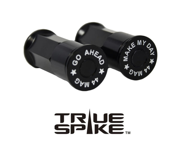 9/16-18 73 MM LONG FORGED STEEL "GO AHEAD MAKE MY DAY" LUG NUTS WITH ANODIZED ALUMINUM CAP 65-87 CHEVROLET (8 LUG) C20 C30 K20 K30 GMC 02-11 DODGE RAM 80-98 FORD F250 F350 // CAP: 20MM DIAMETER 22MM HEIGHT PART # LGC013 & LGC014
