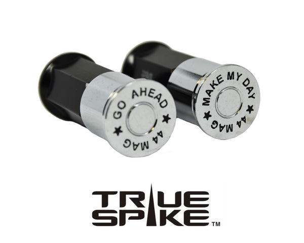 9/16-18 73 MM LONG FORGED STEEL "GO AHEAD MAKE MY DAY" LUG NUTS WITH ANODIZED ALUMINUM CAP 65-87 CHEVROLET (8 LUG) C20 C30 K20 K30 GMC 02-11 DODGE RAM 80-98 FORD F250 F350 // CAP: 20MM DIAMETER 22MM HEIGHT PART # LGC013 & LGC014