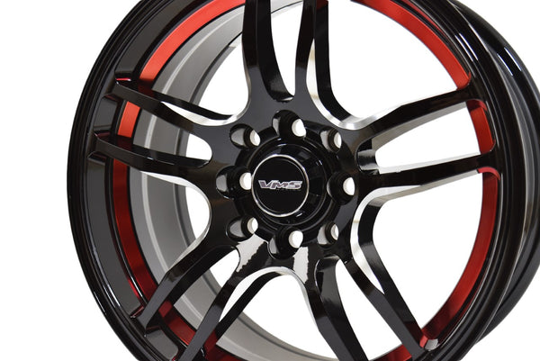 REACTION WHEEL 15X7 4X100 / 4X108 35 OFFSET 4 LUG GREAT FOR FORD FOCUS, ESCORT & FIESTA BLACK MILLING FINISH WITH RED ACCENT // PART # VWRN002