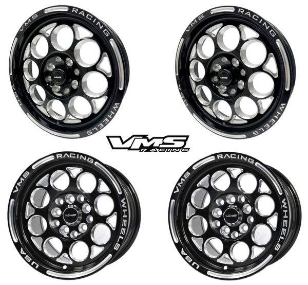 DRAG PACK STREET OR DRAG RACE 4 LUG MODULO WHEELS 15x10 4X108 20 OFFSET (6.3" BACKSPACING) & 15x3.5 4x108 -13 OFFSET (1.75" BACKSPACING) for 1979-1993 FORD MUSTANG GT LX SVO FOX BODY  // PART # VWMO013 & VWMO010-B-1